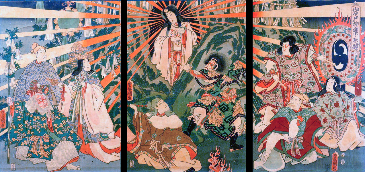 Amaterasu emerging 
        from the 
        cave, woodblock print, 1856