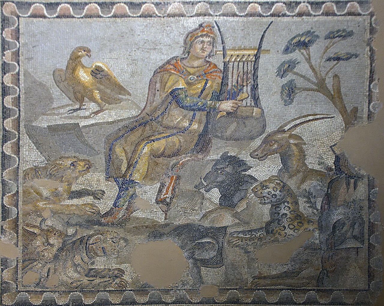 Roman mosaic of
        Orpheus
        charming animals with his lyre, Antakya Archaeological Museum