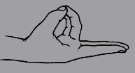 Index and middle fingers extended, thumb touching ring and little fingers