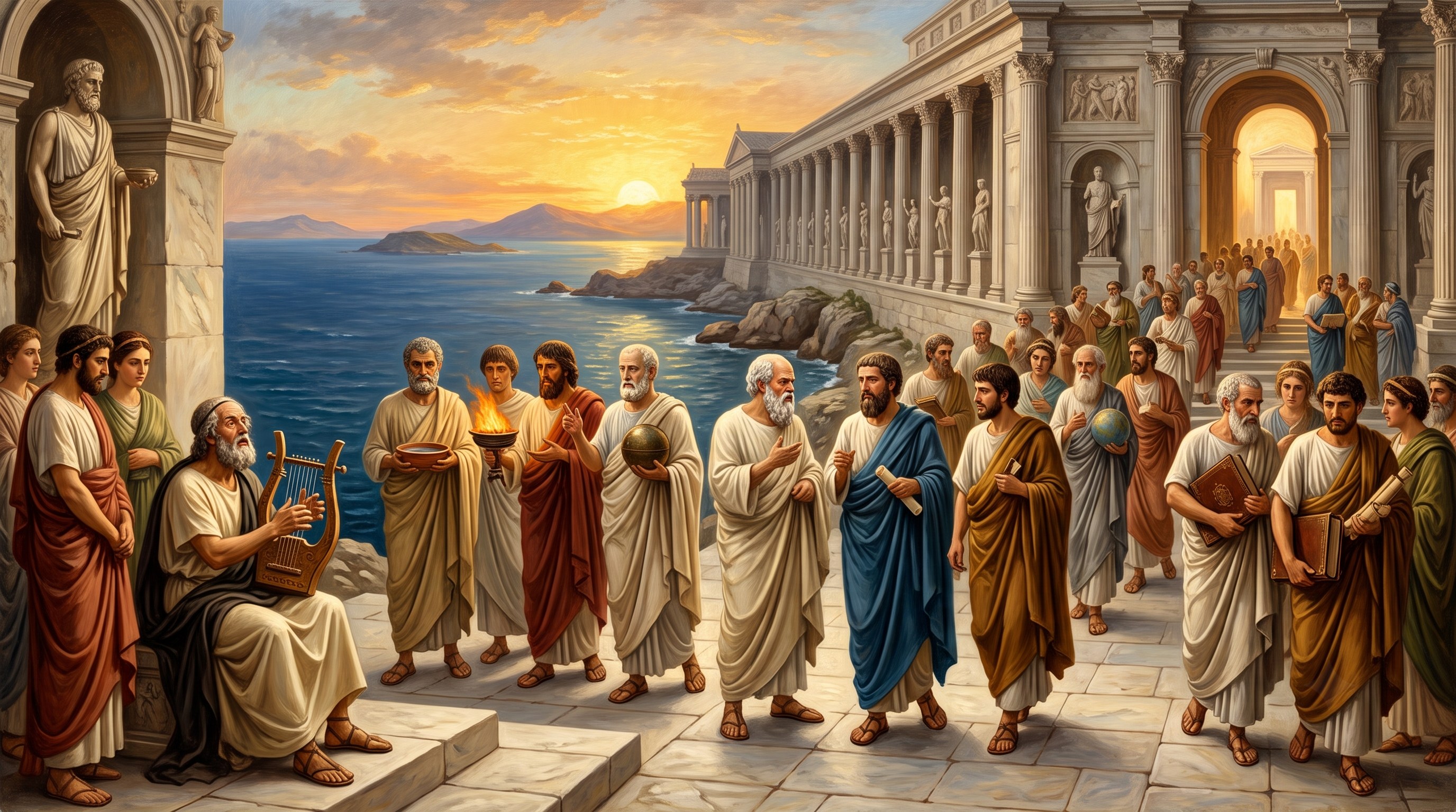 A procession of ancient Greek philosophers across many generations, from a bard with a lyre to scholars carrying codices toward a lit doorway
