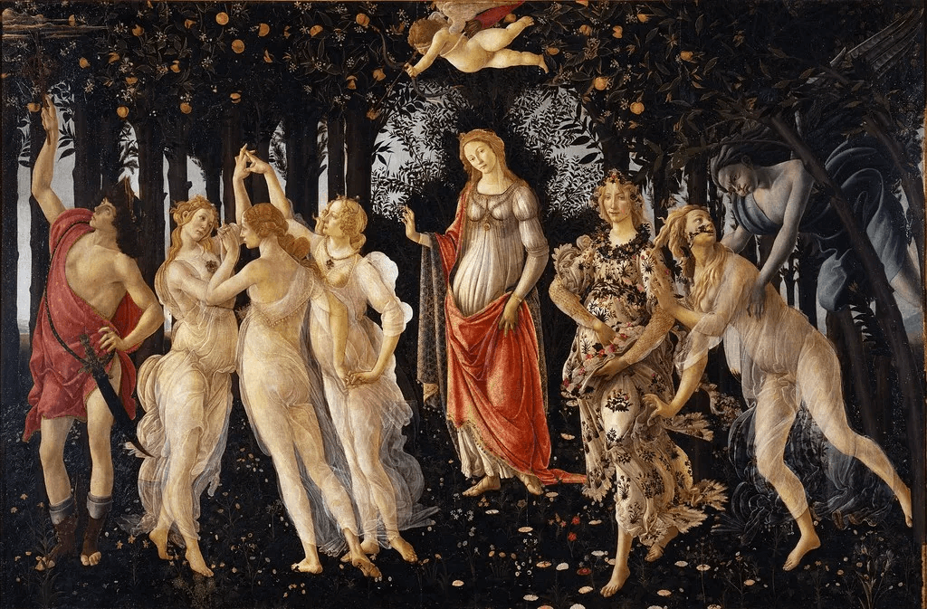 Botticelli's Primavera: the Three Graces dance in measured harmony, Hermes presides, and Aphrodite blesses the scene
