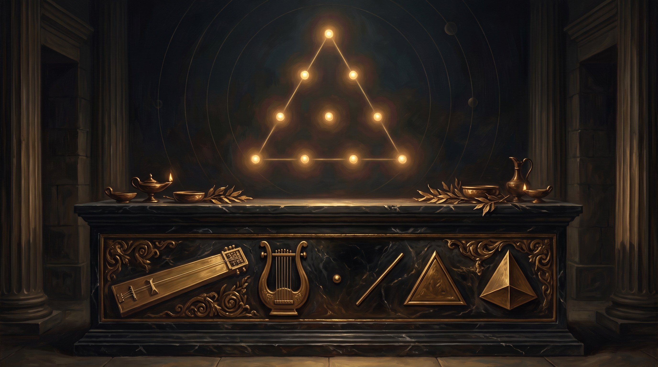 The Pythagorean Tetraktys as ten glowing points above a marble altar bearing a monochord, a lyre, and the four geometric figures