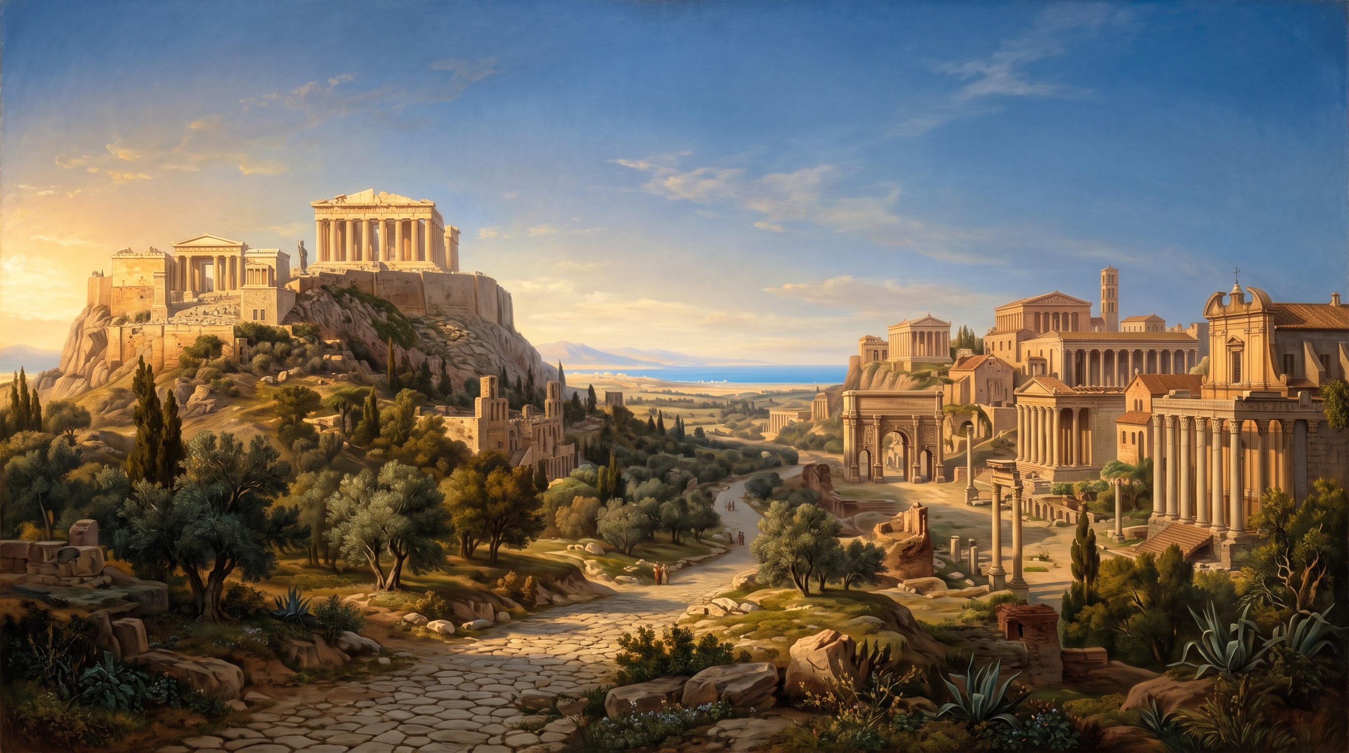 The Parthenon on the Acropolis and the Roman Forum joined across one sunlit classical landscape